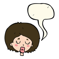 cartoon woman with eyes closed with speech bubble