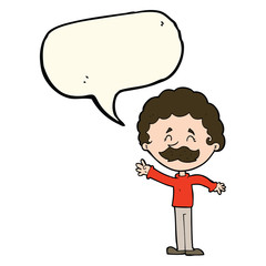 cartoon man with mustache waving with speech bubble