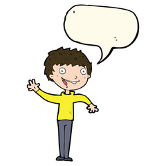 cartoon happy boy waving with speech bubble