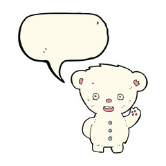 cartoon waving polar bear cub with speech bubble