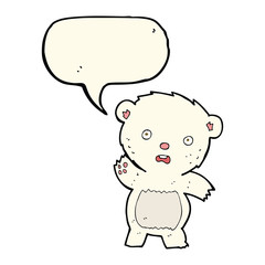 cartoon waving polar bear cub with speech bubble