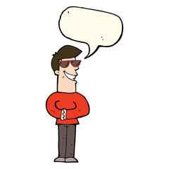cartoon grinning man wearing sunglasses with speech bubble
