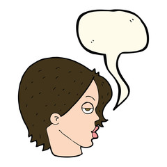 cartoon woman raising eyebrow with speech bubble
