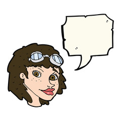 cartoon happy woman wearing aviator goggles with speech bubble