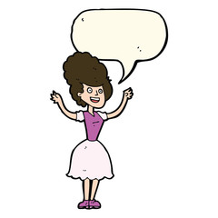 cartoon happy 1950's woman with speech bubble