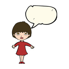 cartoon woman in dress with speech bubble