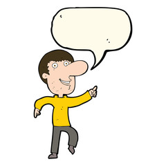 cartoon happy man dancing with speech bubble