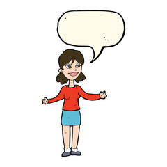 cartoon happy woman shrugging shoulders with speech bubble