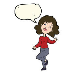 cartoon happy woman dancing with speech bubble