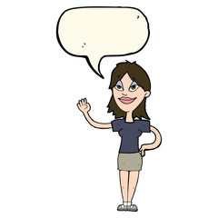 cartoon woman waving with speech bubble