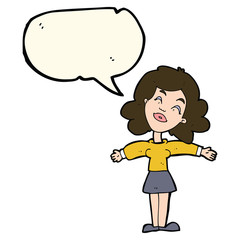 cartoon woman with open arms with speech bubble