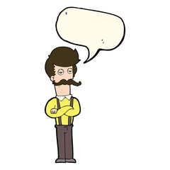 cartoon man with mustache with speech bubble