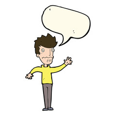 cartoon worried man reaching out with speech bubble
