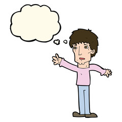 cartoon worried man reaching out with speech bubble