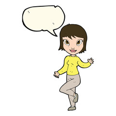 cartoon pretty woman waving with speech bubble