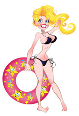 smiling pretty Blond beach girl with inflatable quarter isolated