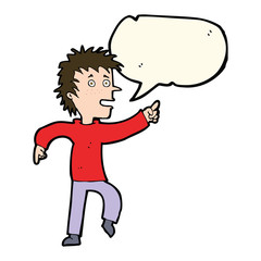 cartoon happy man pointing with speech bubble
