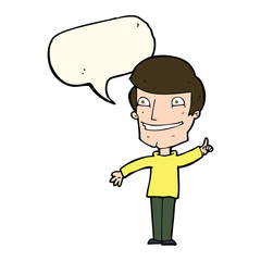 cartoon grinning man with idea with speech bubble