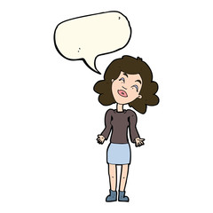 cartoon woman shrugging shoulders with speech bubble