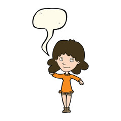 cartoon friendly woman waving with speech bubble