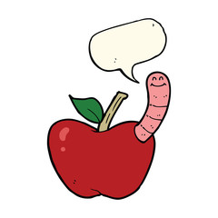 cartoon apple with worm with speech bubble
