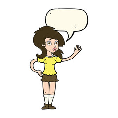 cartoon pretty woman waving for attention with speech bubble
