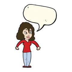 cartoon woman shrugging shoulders with speech bubble