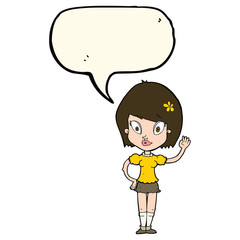 cartoon pretty girl waving with speech bubble
