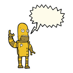 cartoon waving gold robot with speech bubble