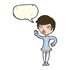 cartoon pretty woman waving with speech bubble