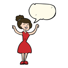 cartoon woman with raised arms with speech bubble