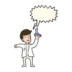 cartoon happy scientist with speech bubble