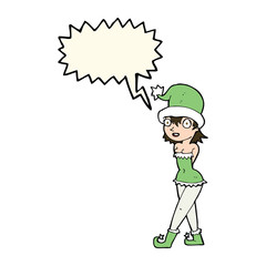 cartoon woman in christmas elf costume with speech bubble