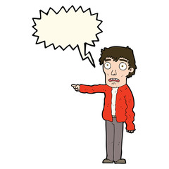 cartoon terrified man pointing with speech bubble