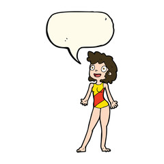 cartoon woman in swimming costume with speech bubble