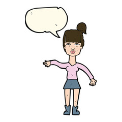 cartoon woman making dismissive gesture with speech bubble