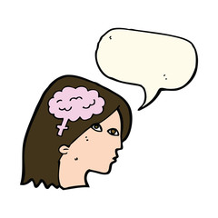 cartoon female head with brain symbol with speech bubble