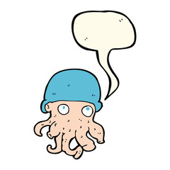 cartoon alien head wearing hat with speech bubble