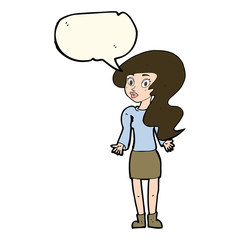 cartoon woman shrugging shoulders with speech bubble