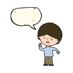 cartoon unhappy boy giving peace sign with speech bubble