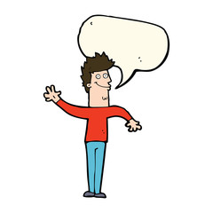 cartoon happy waving man with speech bubble