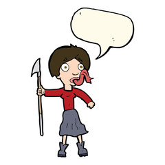 cartoon woman with spear sticking out tongue with speech bubble