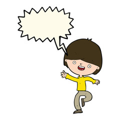 cartoon happy boy dancing with speech bubble