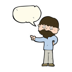 cartoon bearded man pointing with speech bubble