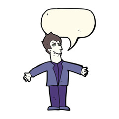 cartoon vampire man with open arms with speech bubble