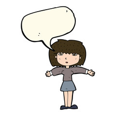 cartoon woman shrugging shoulders with speech bubble