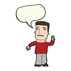 cartoon man giving peace sign with speech bubble