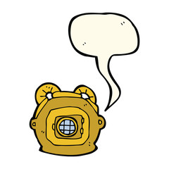cartoon old deep sea diver helmet with speech bubble