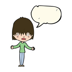 cartoon woman shrugging shoulders with speech bubble