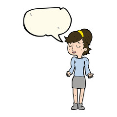 cartoon woman shrugging shoulders with speech bubble